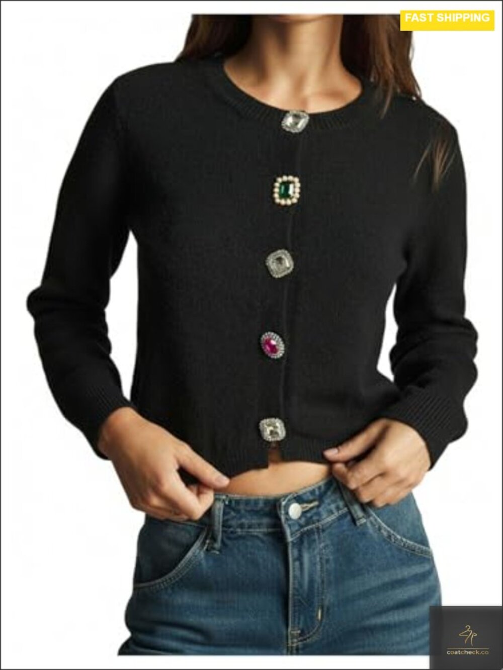 Crew Neck Gem Button Cardigan Cropped Sweater Fall Outfits Medium Stretch